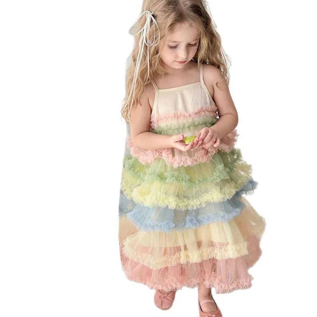 Summer new girls super beautiful and fashionable princess puffy dress 2025 camisole rainbow cake gauze dress C260714 - view 6