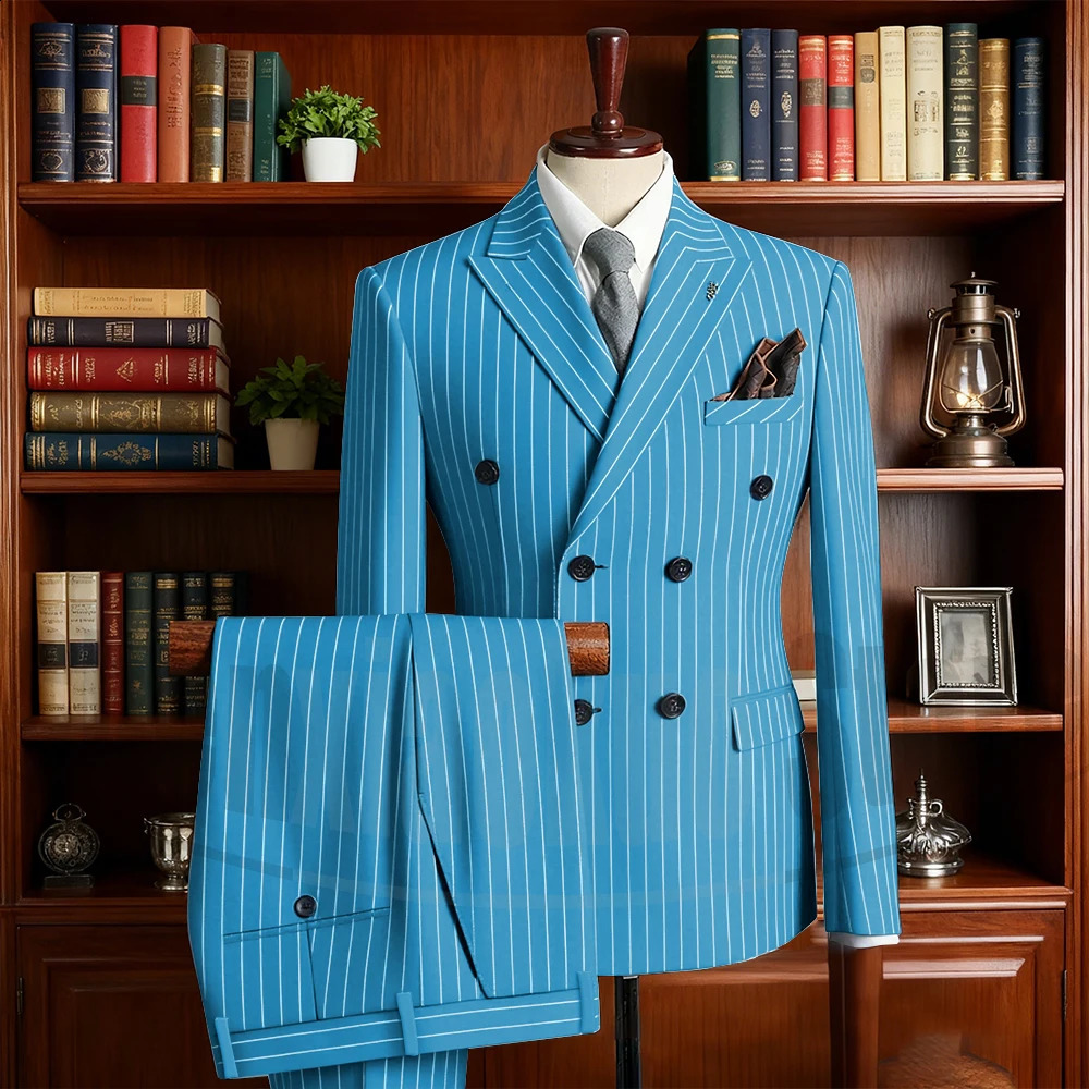 Chic Striped Men Suits High-end Double Breasted Lapel Outfits Business Office Daily Casual Slim Male Suit BlazerPants 260713CJ - view 5