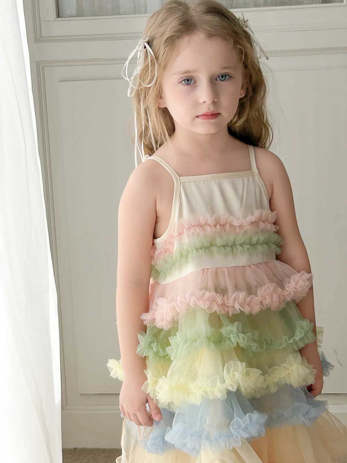 Summer new girls super beautiful and fashionable princess puffy dress 2025 camisole rainbow cake gauze dress C260714 - view 7