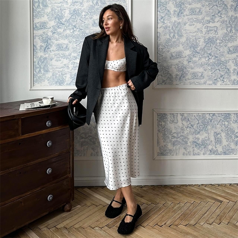 Linad Sexy Polka Dot Crop Top Camisole Long Skirts Suits Casual SpaghettiStrap Vest With High Waist Zipper Skirt Two Piece Sets 260713 - view 3