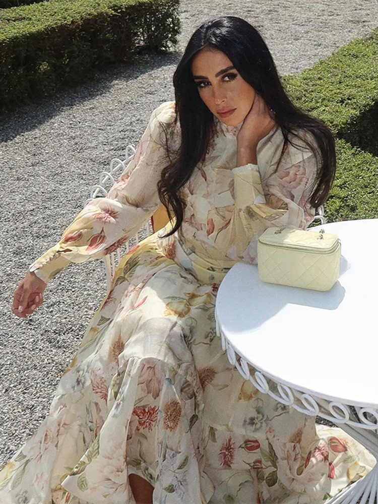 Elegant Printed Cropped Top Womens Skirt Sets High Collar Lantern Sleeve Tops Long A-line Skirts 2026 Summer Lady Party Suits 260714BJ - view 5