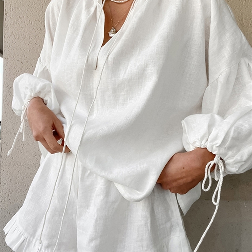 Casual Solid Color Slim Fit Two-piece Set Drawstring Long Sleeve Top Ruffle Hem Elastic Waist Shorts Outfits 260713 - view 3