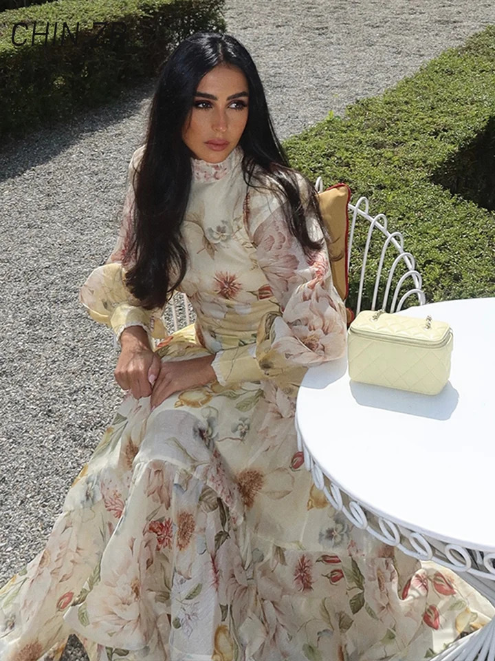 Elegant Printed Cropped Top Womens Skirt Sets High Collar Lantern Sleeve Tops Long A-line Skirts 2026 Summer Lady Party Suits 260714BJ - view 6