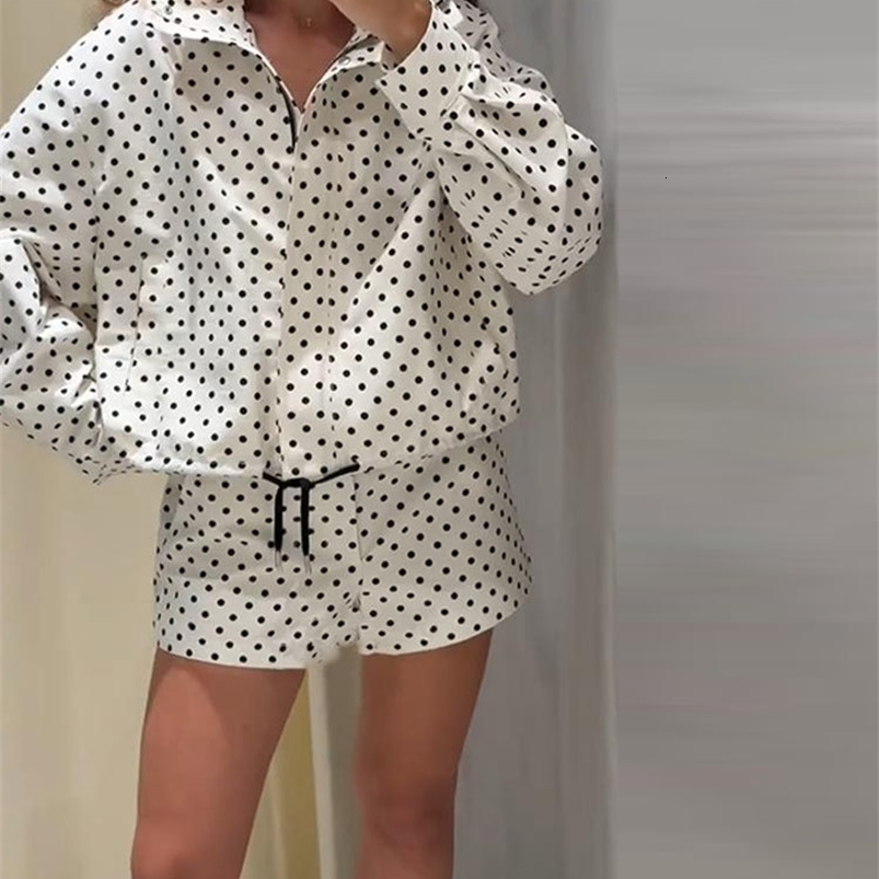 Polka Dot Pants Set Womens Two-Piece Set High Neck Drawstring Jacket Bubble Mini Pants Casual Outfit Summer Wear Woman Clothes 260713 - view 5