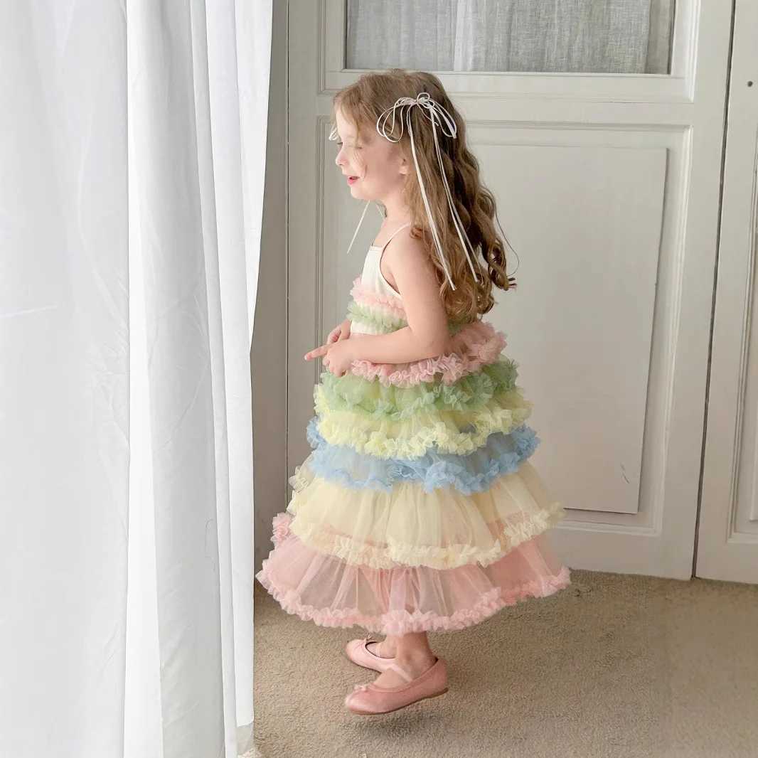 Summer new girls super beautiful and fashionable princess puffy dress 2025 camisole rainbow cake gauze dress C260714 - view 4