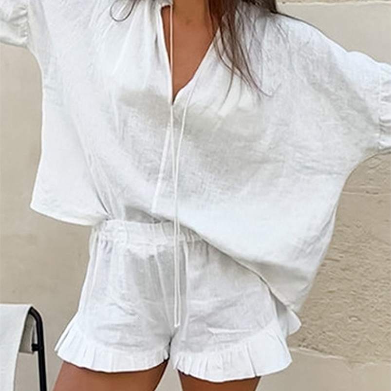 Casual Solid Color Slim Fit Two-piece Set Drawstring Long Sleeve Top Ruffle Hem Elastic Waist Shorts Outfits 260713 - view 4