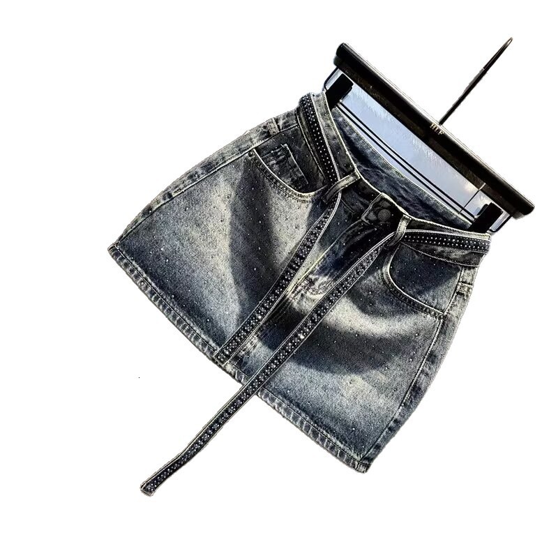 Retro Gradient Rhinestone Denim for Women, Summer Plus Size Slimming High Waist A-line Short Skirt - view 6