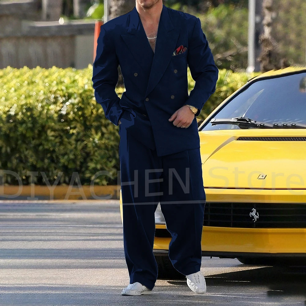 High Street Lapel Double Breasted Suits for Men 2 Piece Fashion Solid Party Prom Casual Wedding Male Suit Blazer with Pants 260713CJ - view 5