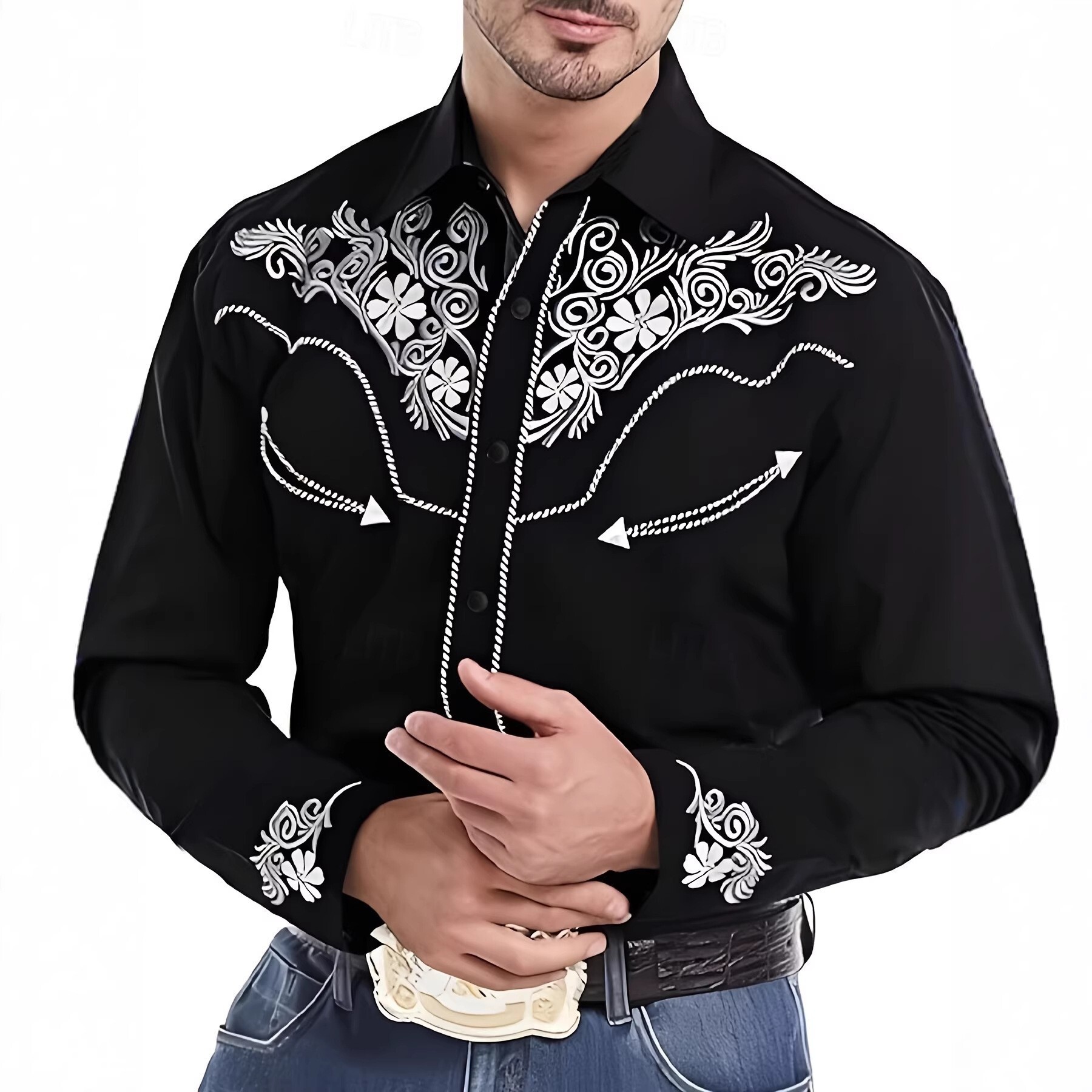 Men Western Cowboy Long Sleeve Shirt White Floral Scroll Embroidery Point Collar Button Down Black Fabric Vintage Country Stage Casual Top - view 6