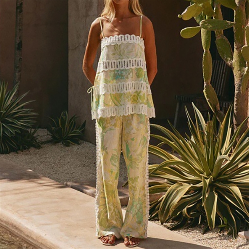 Casual Loose Vacation Two Piece Suits Fashion Sleeveless Halter Tops Pants Sets Summer Printed Womens Beach Outfits 260713 - view 3