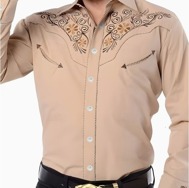 Men Western Cowboy Long Sleeve Shirt White Floral Scroll Embroidery Point Collar Button Down Black Fabric Vintage Country Stage Casual Top - view 4