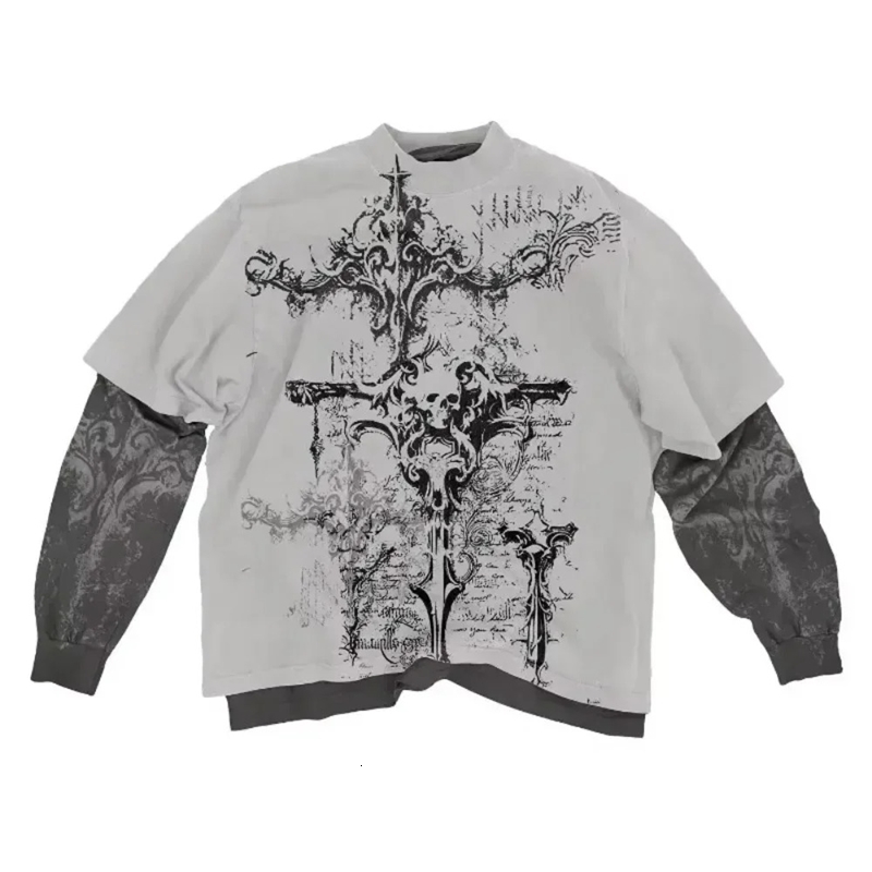 Y2K american skull pattern long sleeved T shirt Fashion Round Neck Oversized T shirt Mens Womens Casual Gothic Clothing Tops 260713CJ - view 3