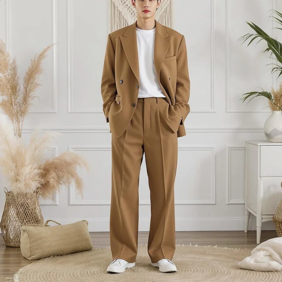 Classic Single Breasted Men Jacket Pants Solid Color Loose Fit Casual Fashion Lapel Outfit Daily Party Set Two Piece 260713CJ - view 4