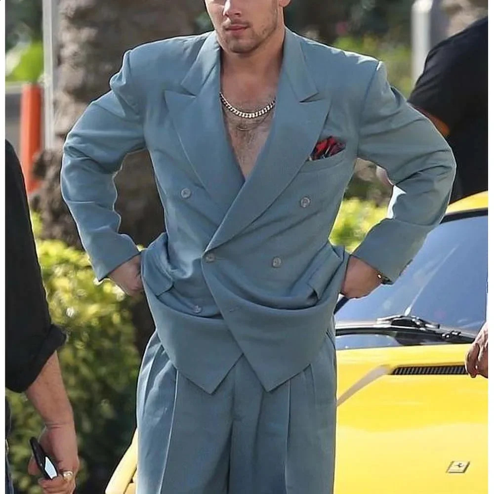 High Street Lapel Double Breasted Suits for Men 2 Piece Fashion Solid Party Prom Casual Wedding Male Suit Blazer with Pants 260713CJ - view 3