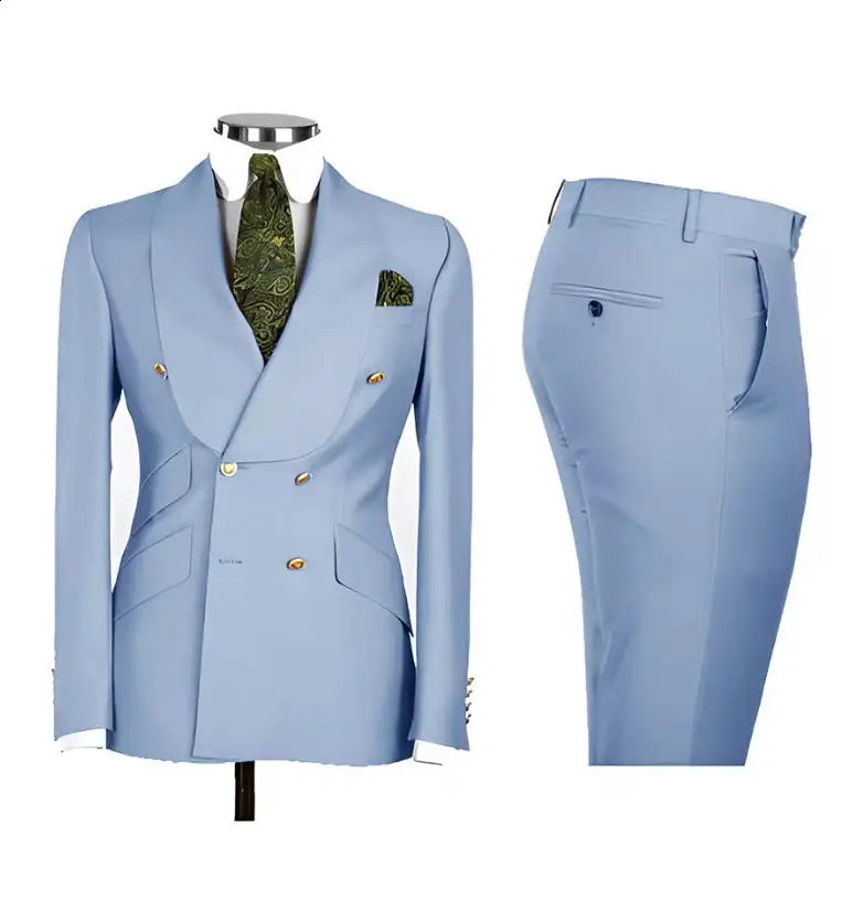 Chic Light Blue Mens Suits Double Breasted Male 2 Piece Jacket Pants Blazer Lapel Elegant Formal Set Wedding Groom Tuxedos 260713CJ - view 6