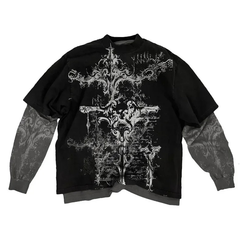Y2K american skull pattern long sleeved T shirt Fashion Round Neck Oversized T shirt Mens Womens Casual Gothic Clothing Tops 260713CJ - view 5