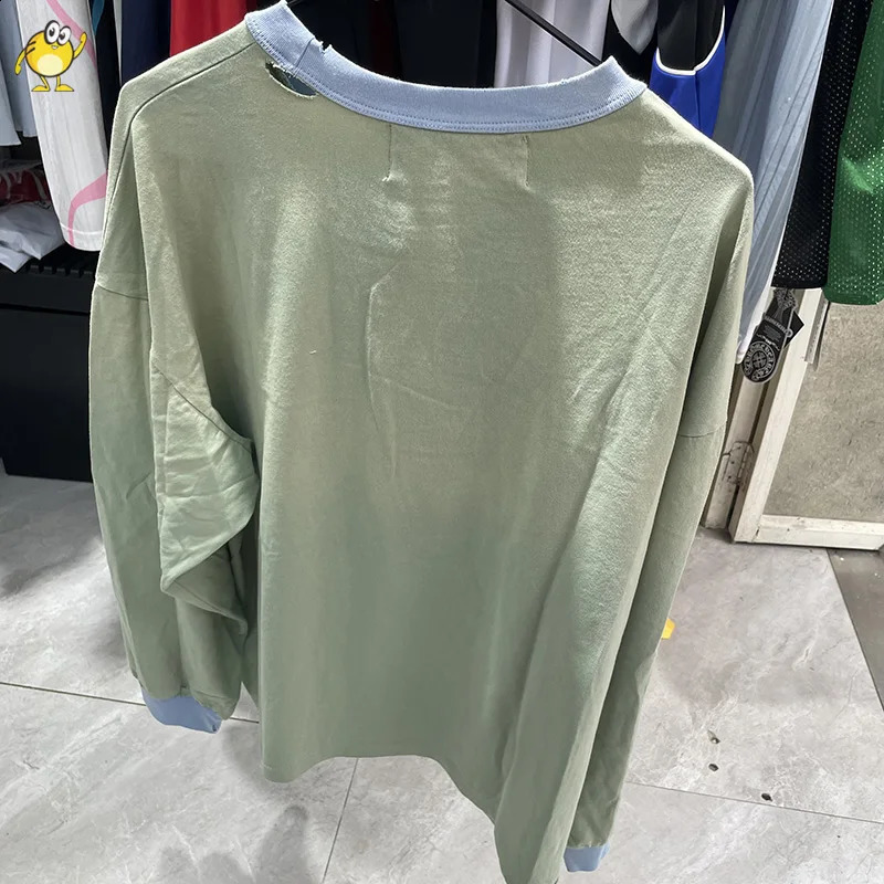 Rhinestone PALY Long Sleeve T Shirt Men Woman Vintage High Street Damaged Hole Old Washed Loose Casual Top Tee 260713 - view 3
