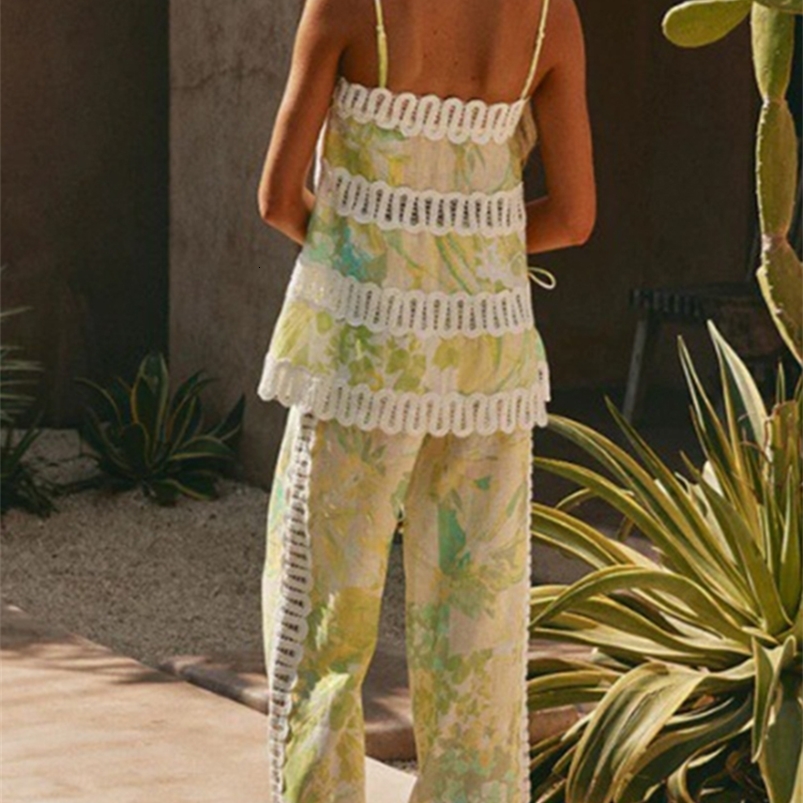 Casual Loose Vacation Two Piece Suits Fashion Sleeveless Halter Tops Pants Sets Summer Printed Womens Beach Outfits 260713 - view 5