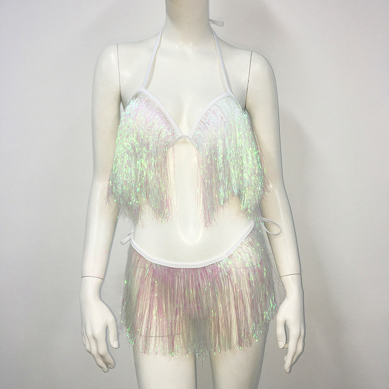 Women Neon Yellow Gradient Tassel 2 Piece Swimsuit Halter Be - view 5