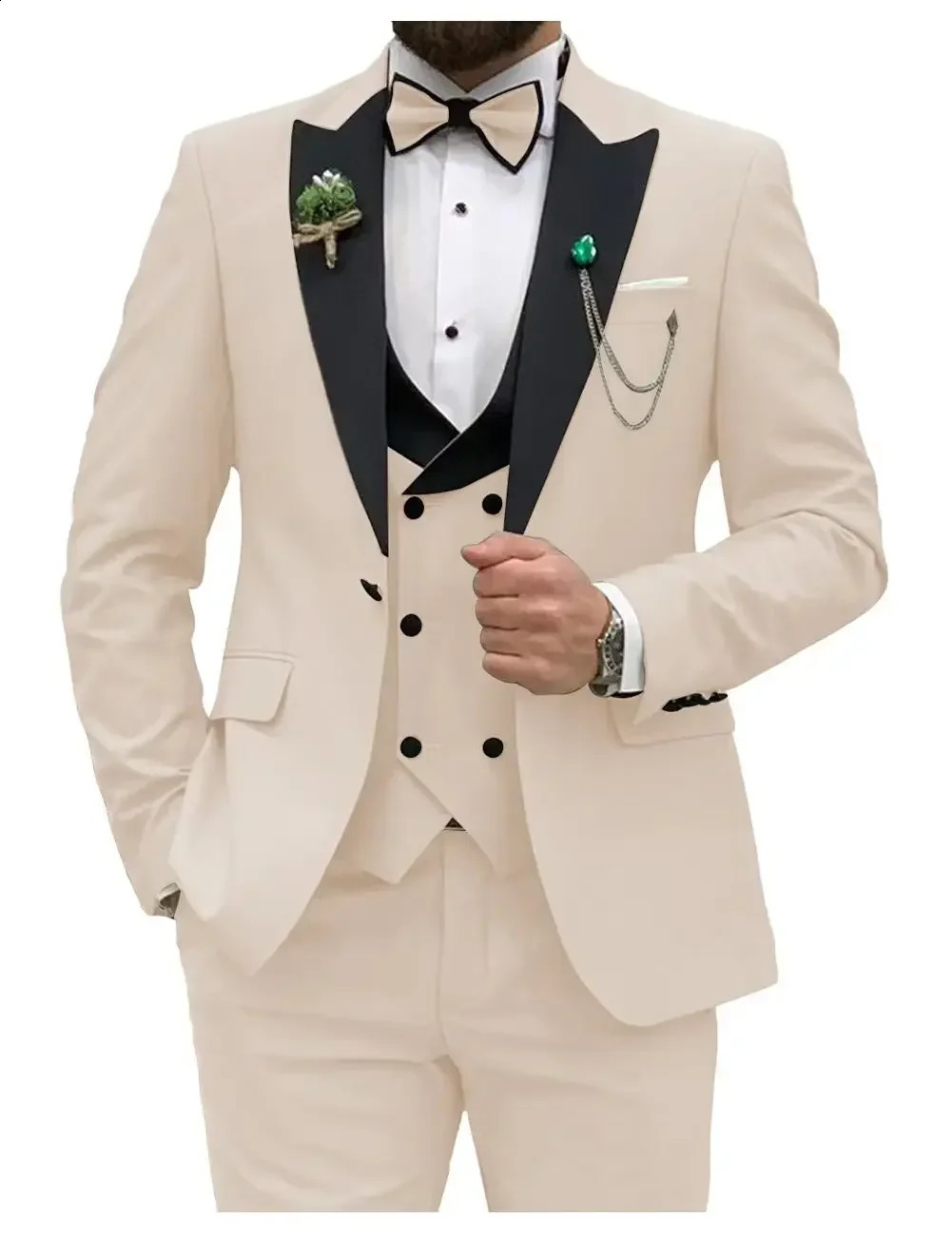 Slim Fit Men Suits Double Groom Formal Business Male Blazer Set Lapel Party Wedding Tuxedo JacketVestPants 260713CJ - view 3