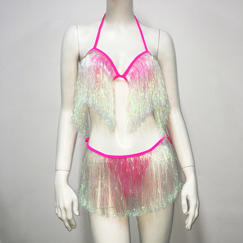 Women Neon Yellow Gradient Tassel 2 Piece Swimsuit Halter Be - view 7