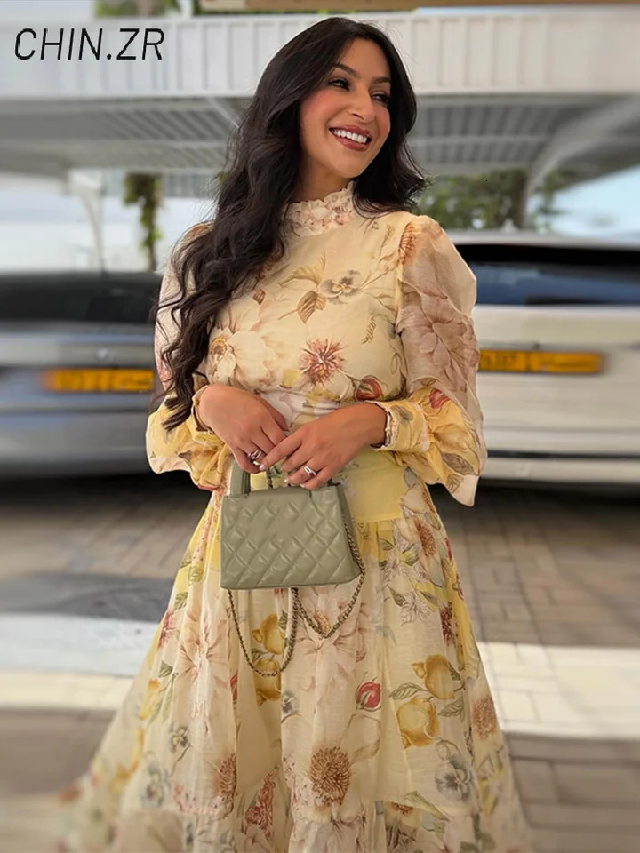Elegant Printed Cropped Top Womens Skirt Sets High Collar Lantern Sleeve Tops Long A-line Skirts 2026 Summer Lady Party Suits 260714BJ - view 3