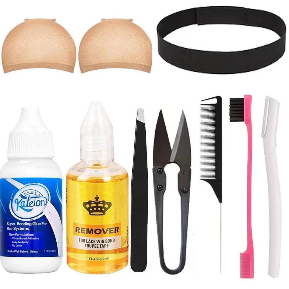 Kit,Wig Install Kit For Beginner,HD Wig Cap ,Waterproof Lace Glue,Edge Brush, Melting Elastic Band,Tweezer,Comb