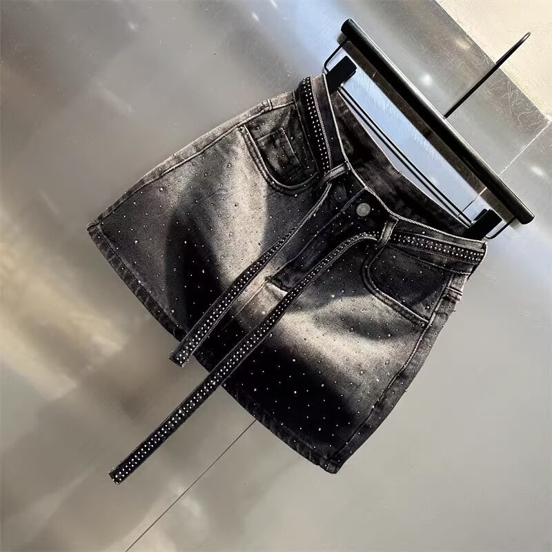 Retro Gradient Rhinestone Denim for Women, Summer Plus Size Slimming High Waist A-line Short Skirt - view 4