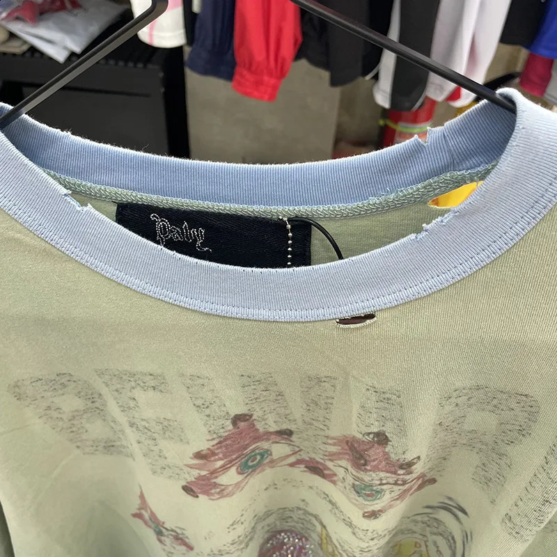 Rhinestone PALY Long Sleeve T Shirt Men Woman Vintage High Street Damaged Hole Old Washed Loose Casual Top Tee 260713 - view 4