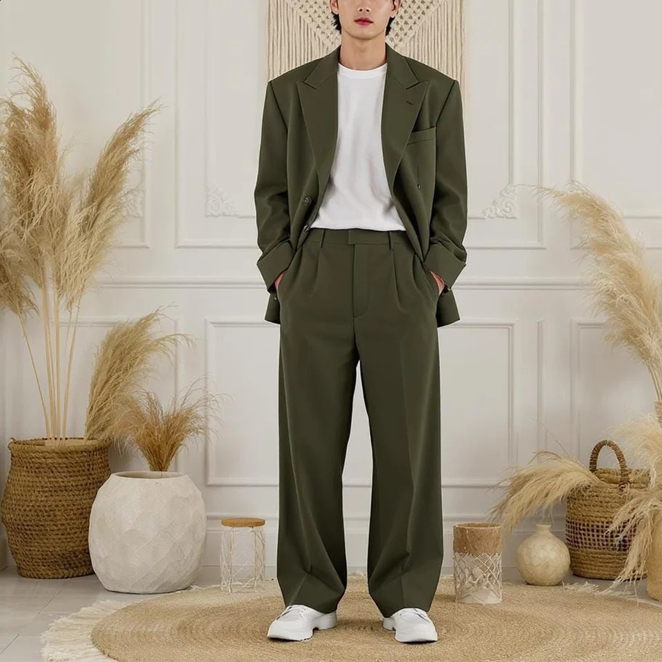 Classic Single Breasted Men Jacket Pants Solid Color Loose Fit Casual Fashion Lapel Outfit Daily Party Set Two Piece 260713CJ - view 3