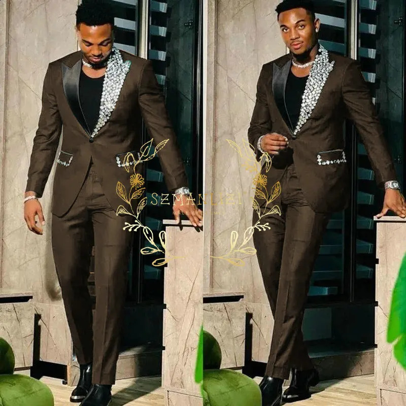 Black Suits for Men Slim Fit Single Breasted Lapel Blazer High Quality Crystal Prom Party 2 Piece Jacket Pants Sets Terno 260713CJ - view 3