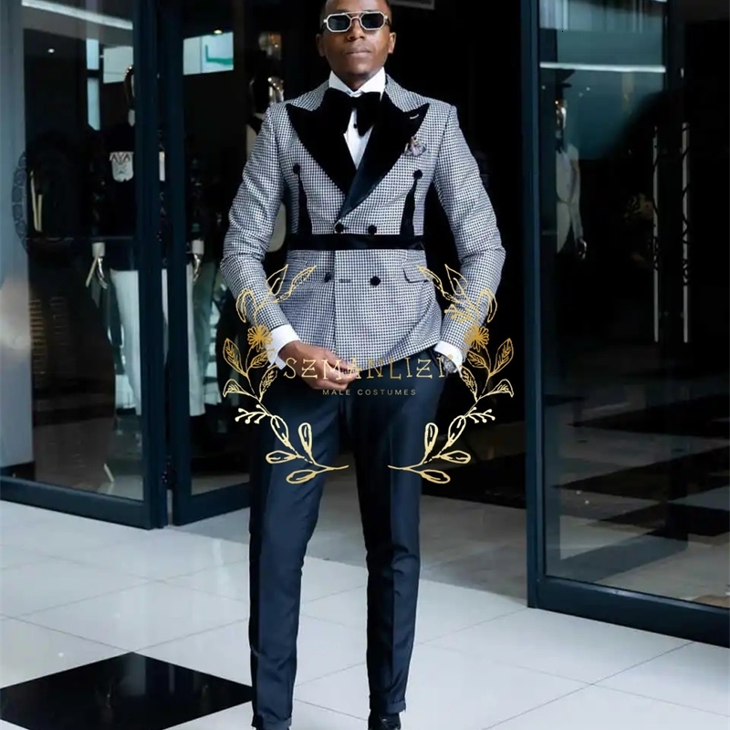 Latest n Mens Suit Houndstooth Jacket Black Pants 2 Pieces Double Breasted Slim Fit Formal Wedding Tuxedos Evening Dress 260713CJ - view 6