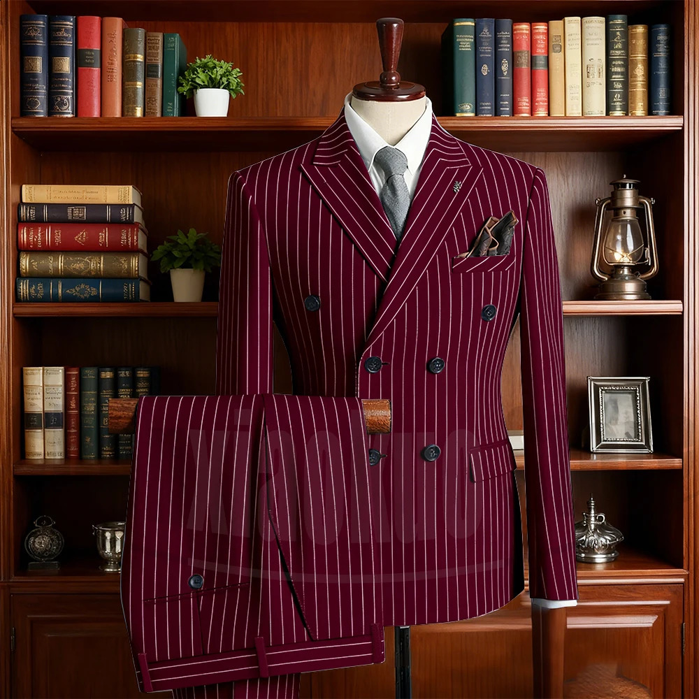 Chic Striped Men Suits High-end Double Breasted Lapel Outfits Business Office Daily Casual Slim Male Suit BlazerPants 260713CJ - view 4
