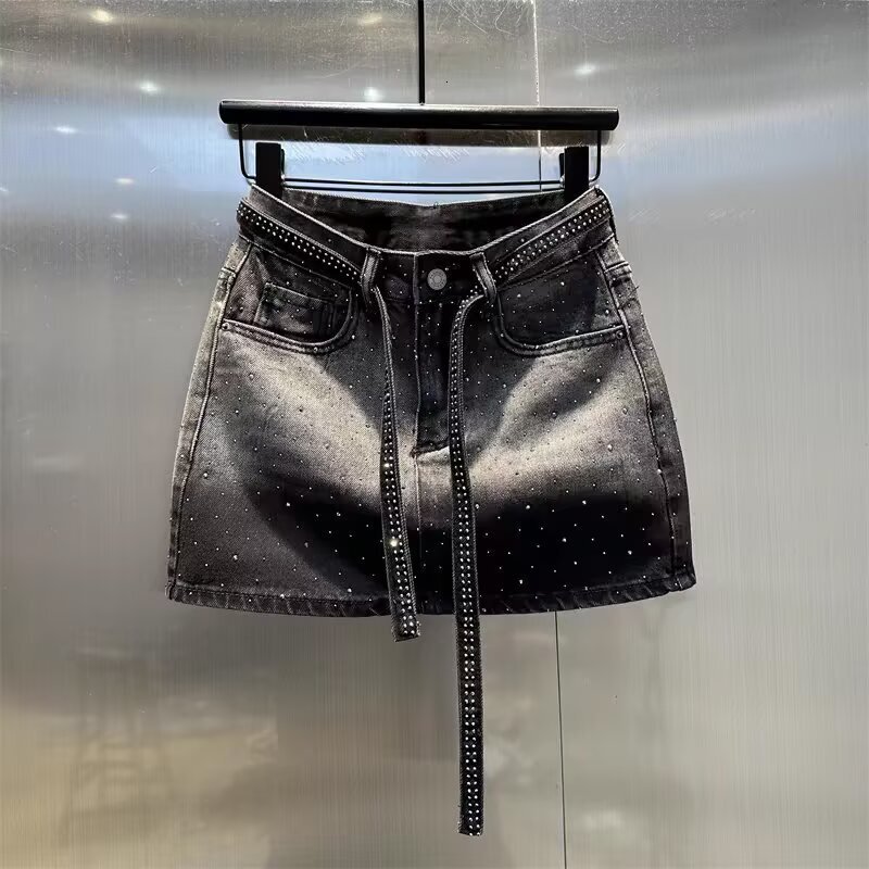 Retro Gradient Rhinestone Denim for Women, Summer Plus Size Slimming High Waist A-line Short Skirt