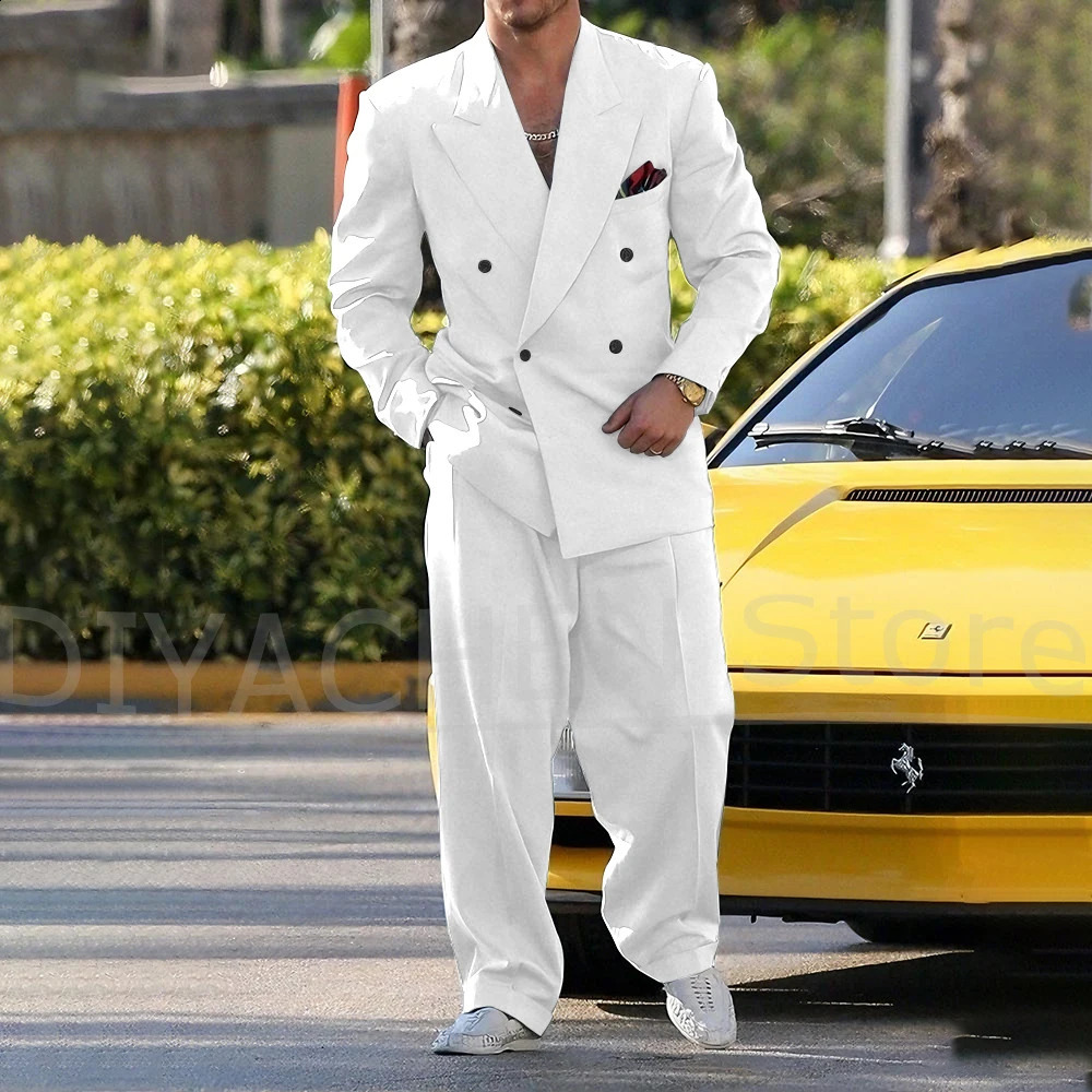 High Street Lapel Double Breasted Suits for Men 2 Piece Fashion Solid Party Prom Casual Wedding Male Suit Blazer with Pants 260713CJ - view 4