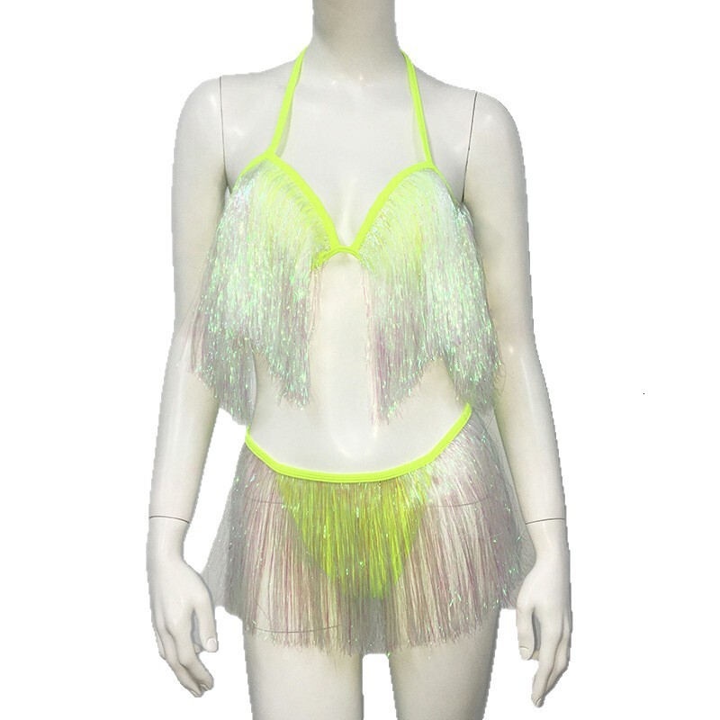 Women Neon Yellow Gradient Tassel 2 Piece Swimsuit Halter Be - view 3