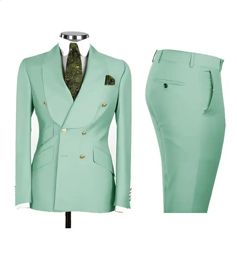 Chic Light Blue Mens Suits Double Breasted Male 2 Piece Jacket Pants Blazer Lapel Elegant Formal Set Wedding Groom Tuxedos 260713CJ - view 4