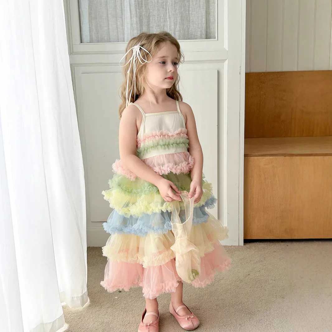 Summer new girls super beautiful and fashionable princess puffy dress 2025 camisole rainbow cake gauze dress C260714 - view 3