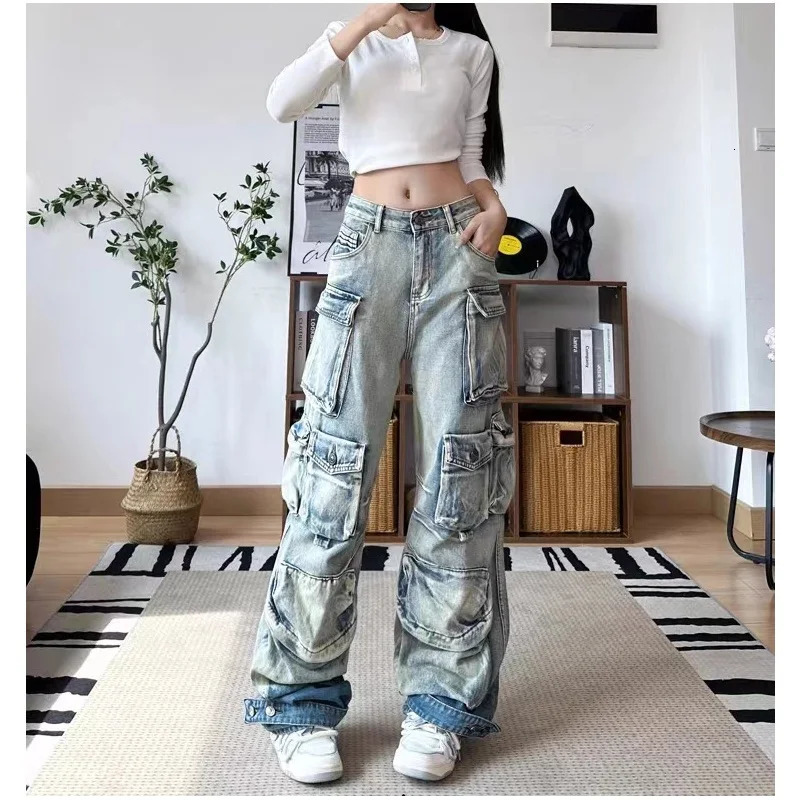 Women Y2k Jeans Fall Trendy Oversized Pocket n Distressed Wash Vintage Cargo Loose Fit Denim Pants 260714banjia