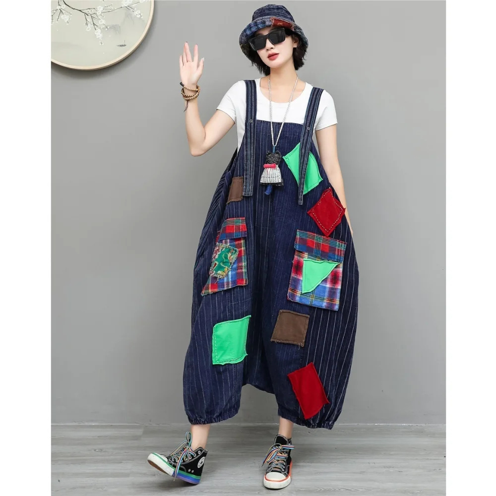 Unique Niche n Vintage Fabric Patchwork Overall Summer Loose Highwaist Large Patch Pockets Jumpsuit LX6079 260714banjia