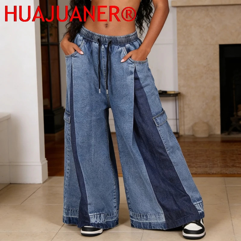 Jean Wide Leg Pants Washed Vintage Ankle Length Trousers Drawstring Elastic Waist Patchwork Distressed Streetwear Denims 260714banjia