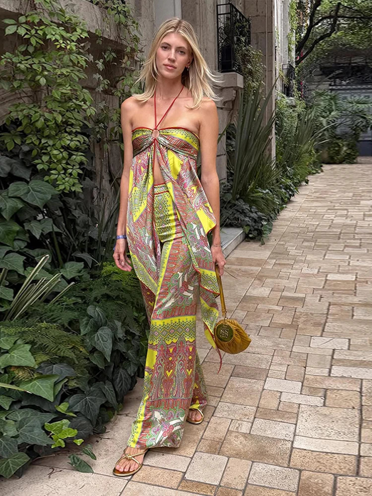 Boho Printed Vest Pants Set Women Halter Hollow Sleeveless Backless Tops Wide Leg Pant 2026 Summer Lady Beach Vacation Outfits 260714 - view 3
