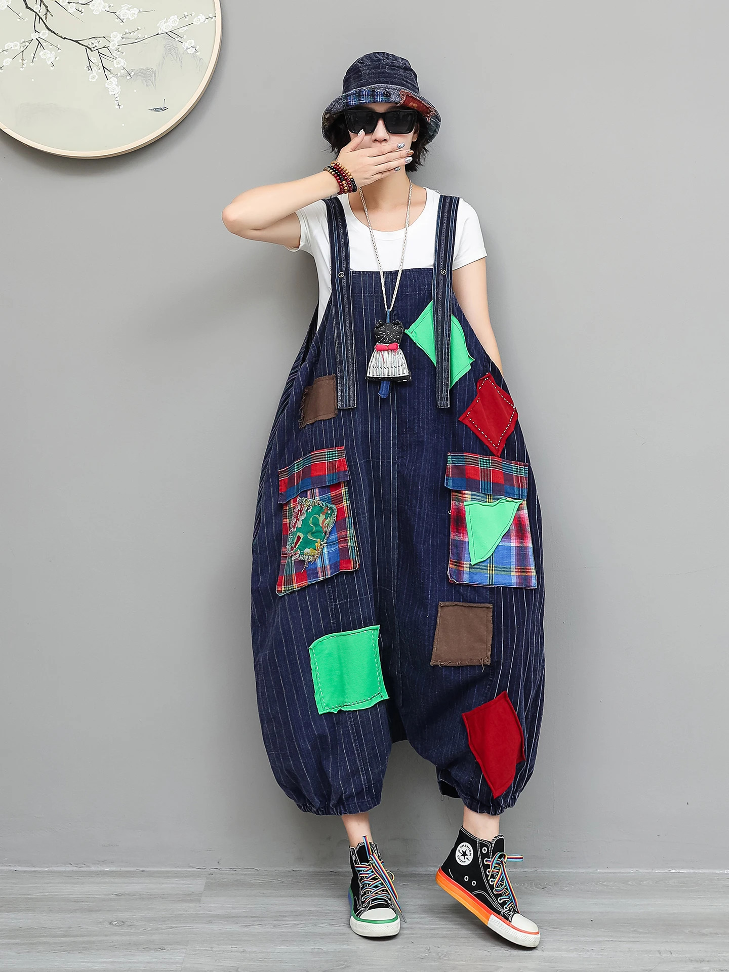 Unique Niche n Vintage Fabric Patchwork Overall Summer Loose Highwaist Large Patch Pockets Jumpsuit LX6079 260714banjia
