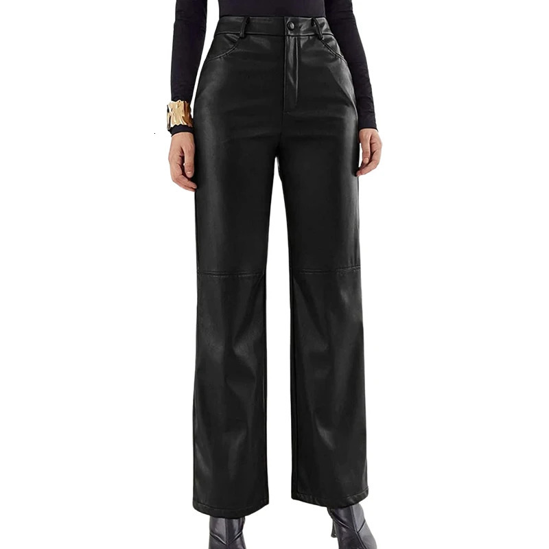 Women PU Leather Pants Solid Color High Waist Straight Trousers Street Casual Pant 260714banjia