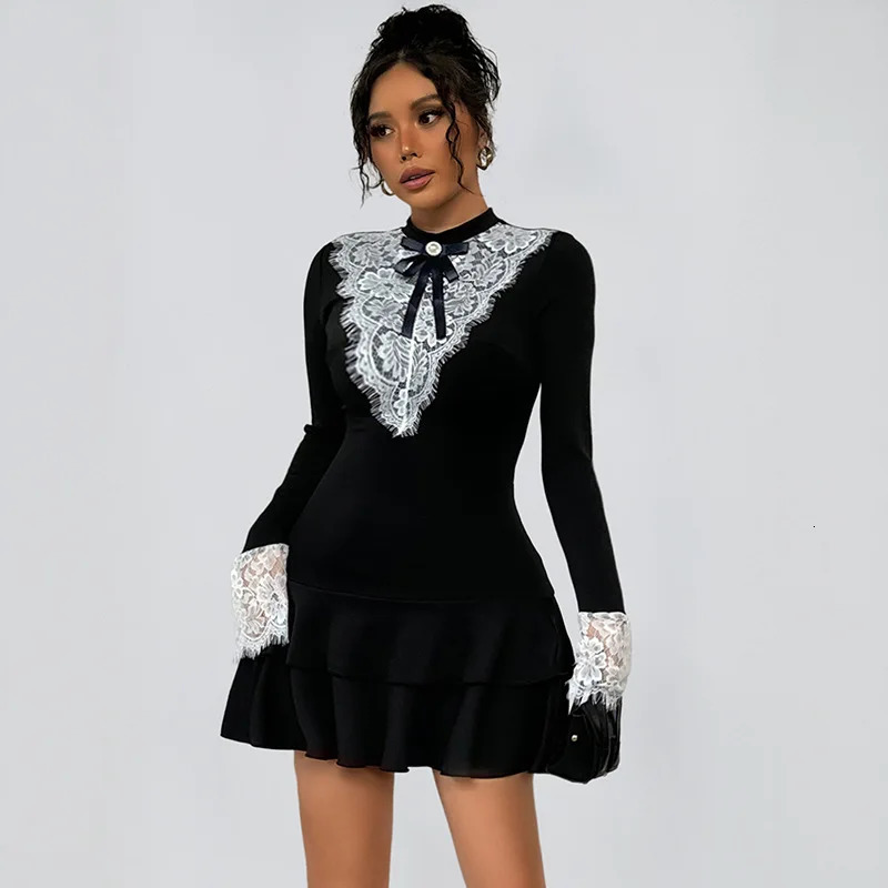 Womens Coquette Lace Patchwork Mini Dress Mock Neck Long Sleeve Bow Tie Front Layered Ruffle Hem Black Party 260714banjia