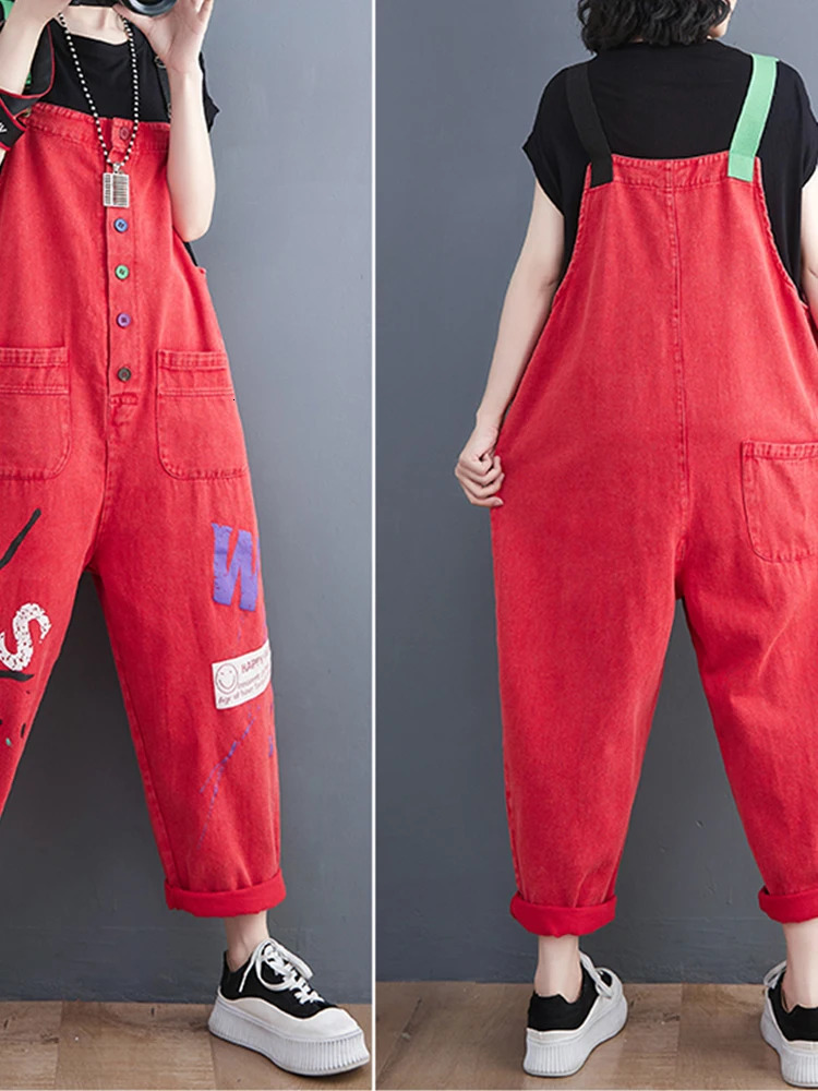 Denim Jumpsuits for Women Casual Printing Outfits Rompes Loose Korean Fashion Vintage Playsuits Clothing 260714banjia