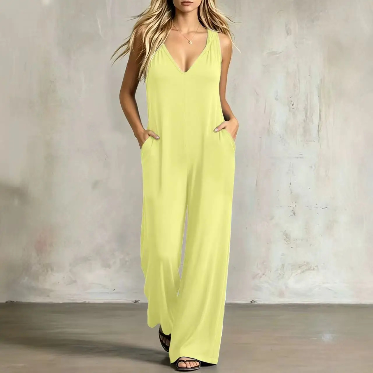 Summer Thin Hanging VNeck Sleeveless OnePiece Pants Wide Leg FloorLength Casual Commute Slimming Trousers Overall Suit 260714banjia