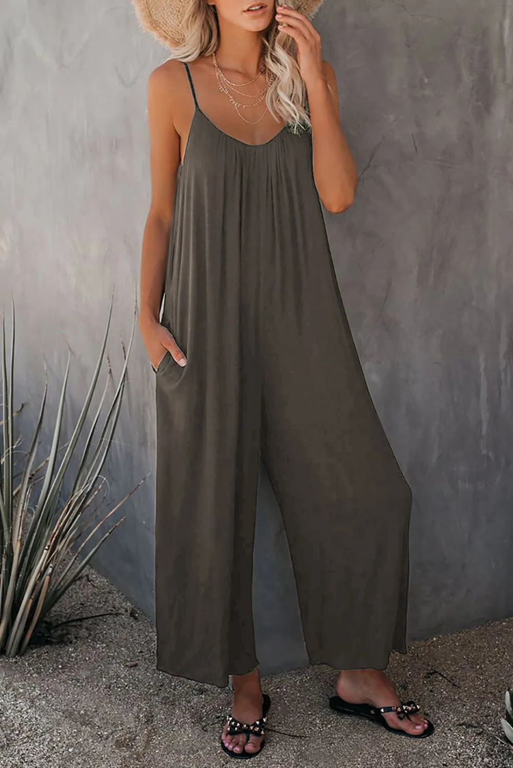 Strap jumpsuit for womens summer crossborder solid color inserted bag casual 260714banjia