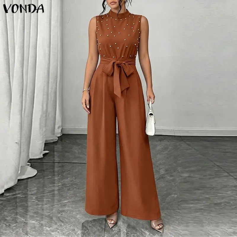Summer Sleeveles Jumpsuits Fashion VONDA Solid Color Wide Leg Pants OL Work Party Overalls Playsuits Streetwear 260714banjia