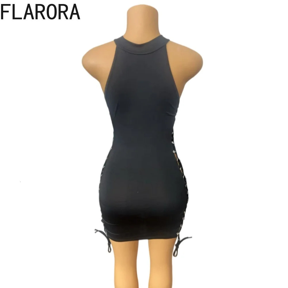 FLARORA Sexy Black Hollow Out Bandage Mini Dress Woman Trend O Neck Sleeveless Bodycon Dresses tie Midnight Party Clubwear 260714banjia